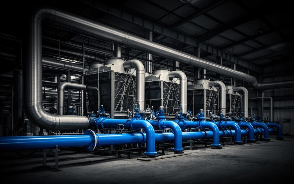 Sistema de chiller industrial con tuberías y torres de enfriamiento