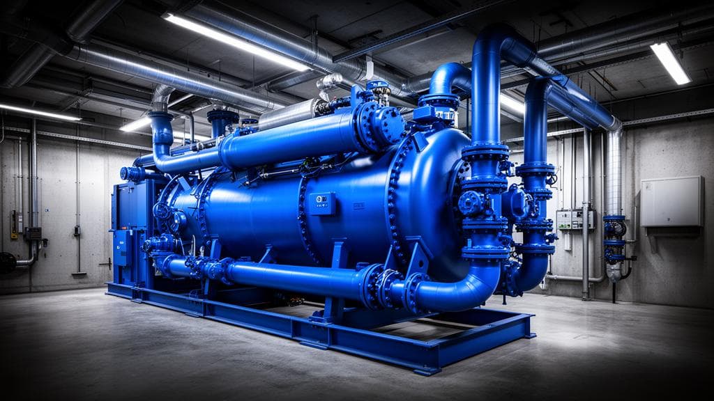 Chiller centrífugo industrial de gran capacidad en cuarto de máquinas