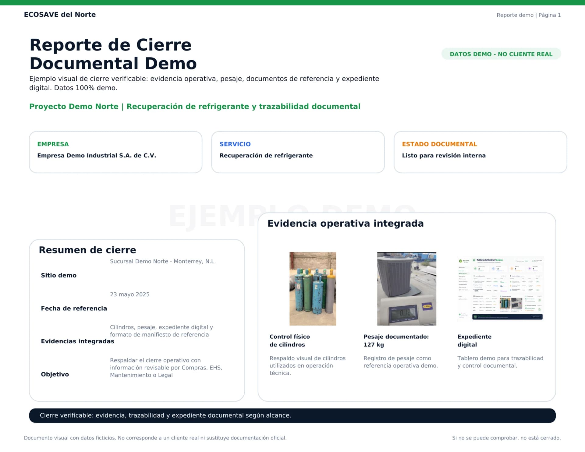 Vista previa de reporte de cierre documental demo ECOSAVE — ejemplo con datos ficticios, no documentación emitida