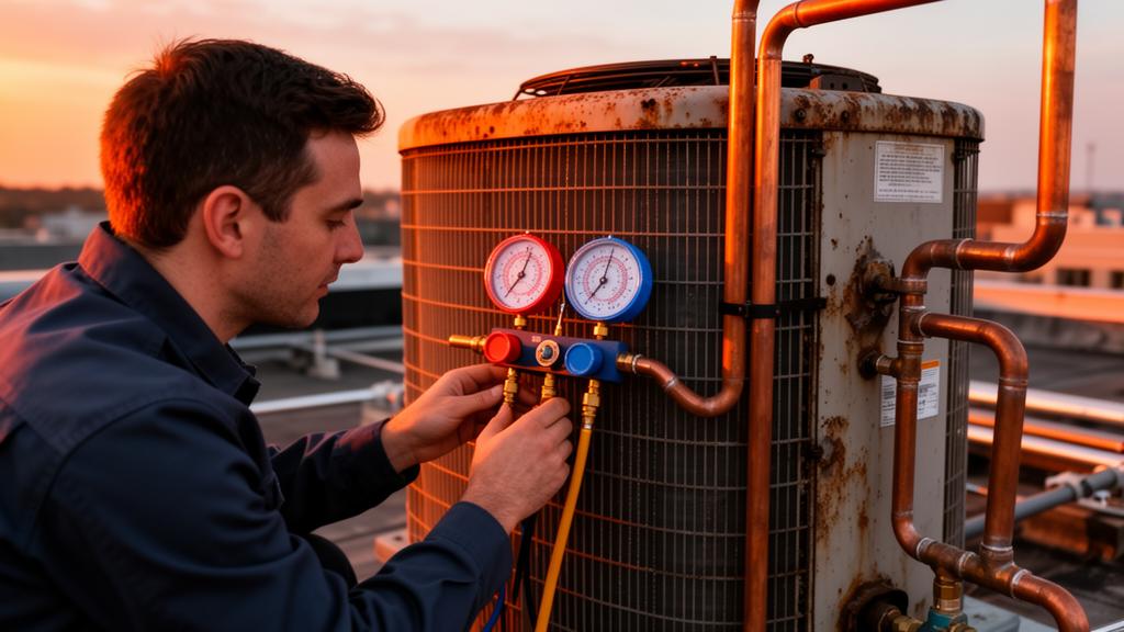 Técnico inspeccionando sistema de aire acondicionado con R-22 en azotea industrial