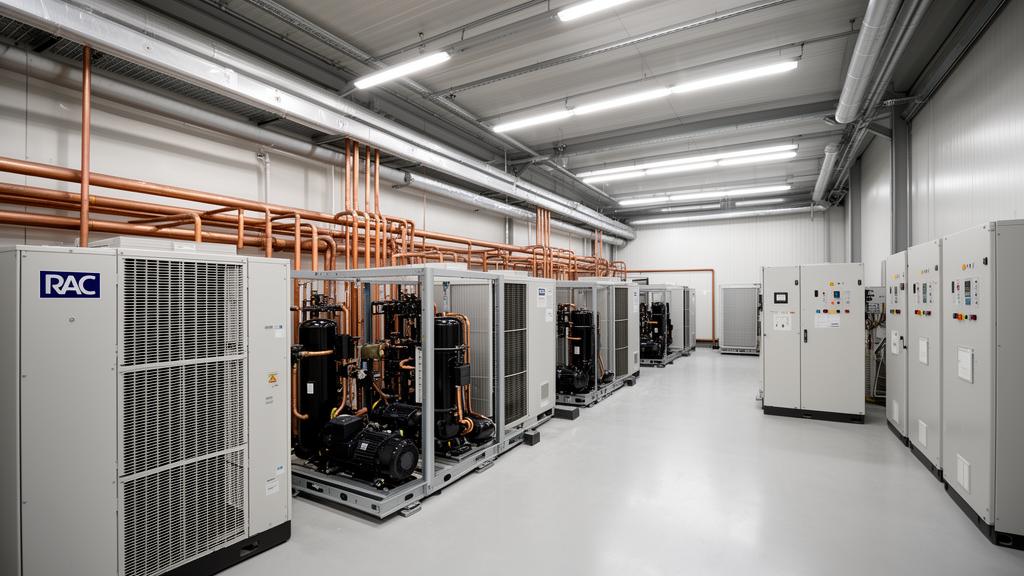 Sala de equipos RAC con compresores, tuberías de cobre y paneles eléctricos en instalación industrial