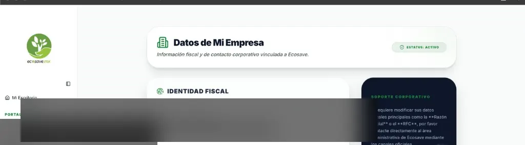 Captura de identidad fiscal en portal ECOSAVE con razón social censurada