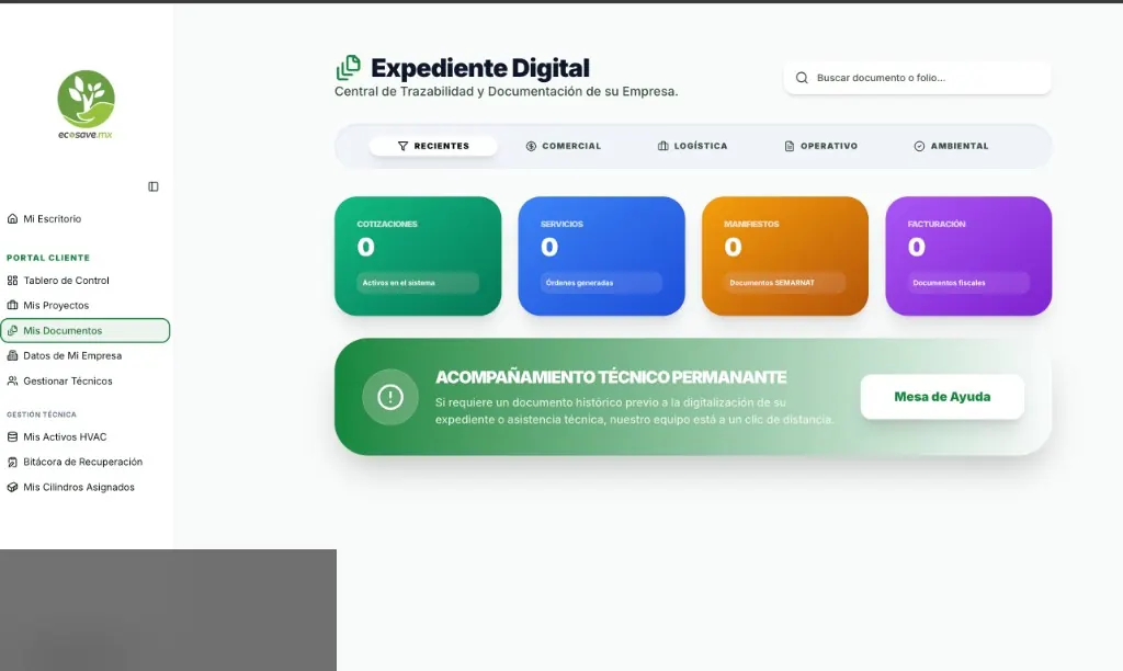 Captura del sistema técnico ECOSAVE de expediente digital con perfil de usuario censurado