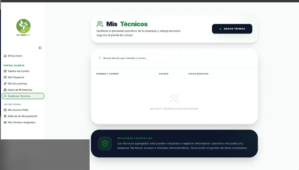 Captura del módulo de gestión de técnicos ECOSAVE con perfil de usuario censurado