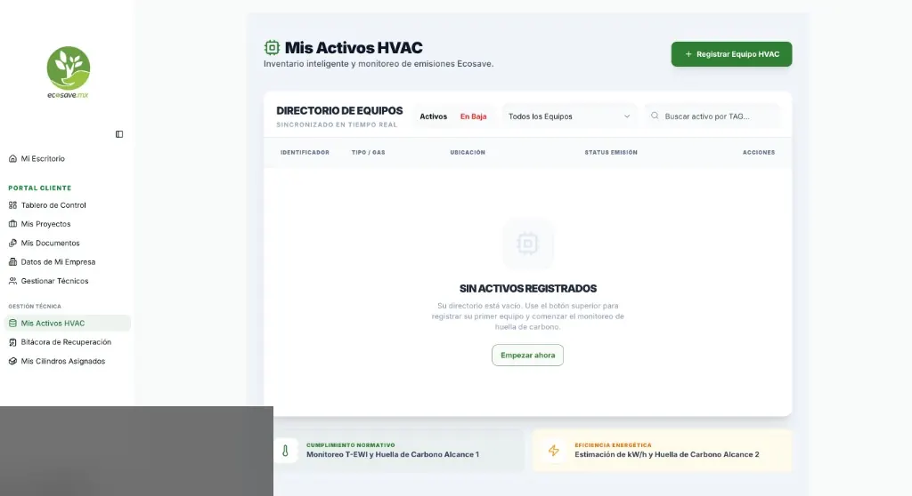 Captura del módulo de activos HVAC del sistema técnico ECOSAVE con perfil censurado