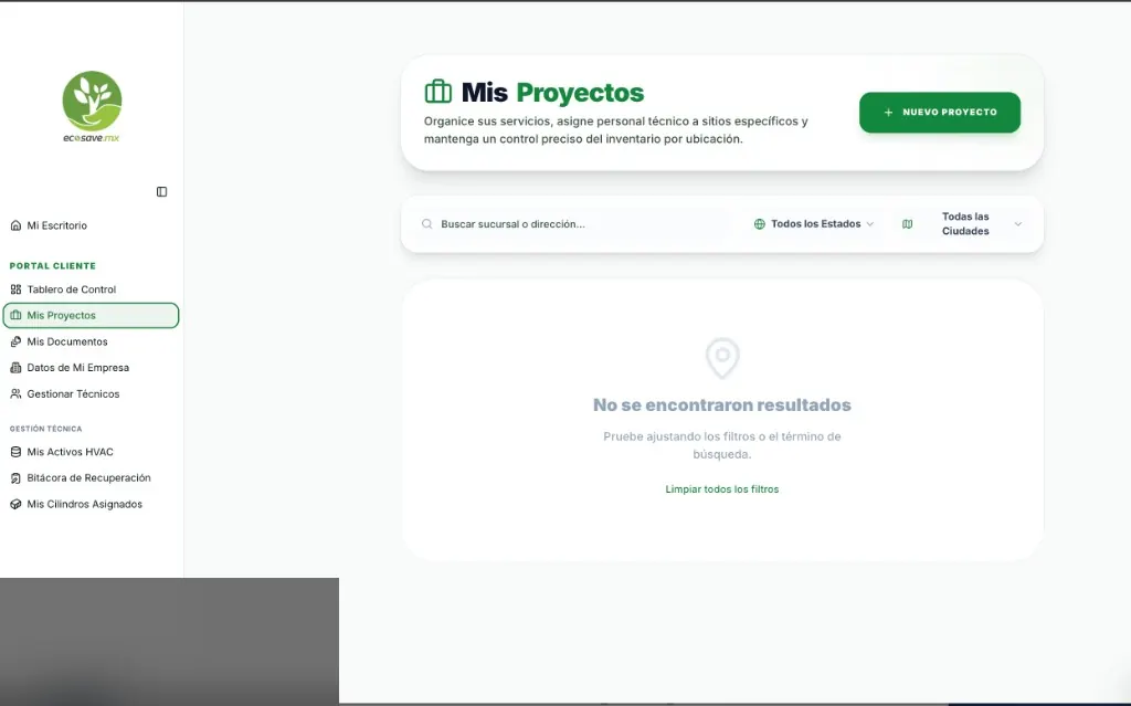 Captura del módulo Mis Proyectos del sistema técnico ECOSAVE con datos de usuario censurados
