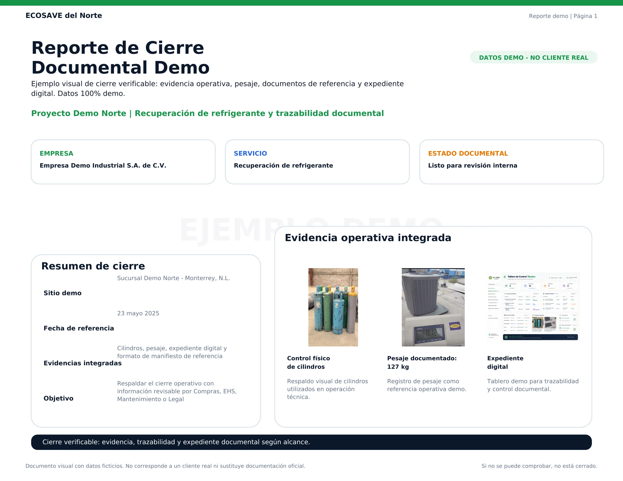 Vista previa de reporte de cierre documental demo ECOSAVE — ejemplo con datos ficticios, no documentación emitida